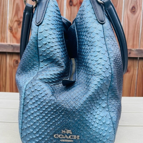 Coach Navy Blue Iridescent Python Embossed Leather Tote F36627 - Picture 10 of 16